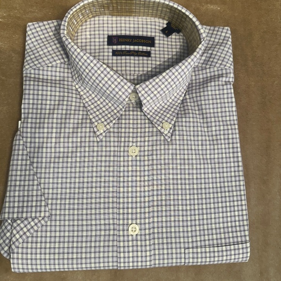 New Henry Jacobson 100% cotton lavender checked short sleeve sport shirt - Picture 1 of 4
